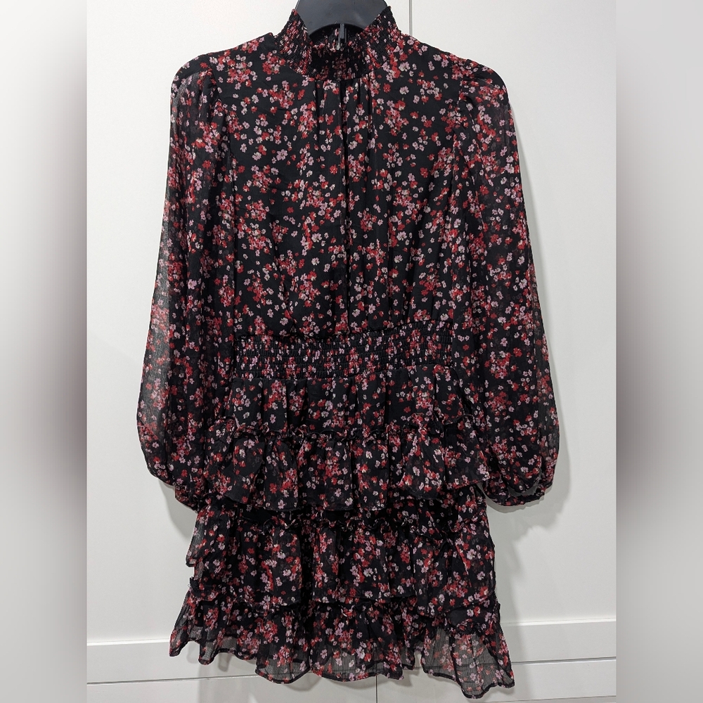 Sam & Jess Black Floral Long Sleeve Ruffle Mini Dress Size Medium